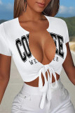White Sexy Letter Print Lace Up V Neck T-Shirts