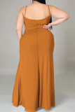 Orange Khaki Casual Cartoon Print Slit Contrast U Neck Printed Plus Size Dresses