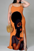 Orange Gray Casual Cartoon Print Slit Contrast U Neck Printed Plus Size Dresses