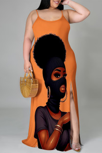 Orange Gray Casual Cartoon Print Slit Contrast U Neck Printed Plus Size Dresses
