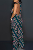 Navy Blue Casual Geometric Print Pocket Lace Up Backless Contrast Halter Loose Jumpsuits