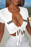 White Sexy Letter Print Lace Up V Neck T-Shirts