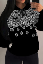 Black And White Casual Geometric Print Draw String Pocket Hooded Tops