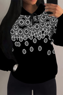 Black And White Casual Geometric Print Draw String Pocket Hooded Tops