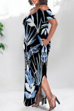 Beige Sexy Floral Print Pocket Slit Contrast O Neck Printed Plus Size Dresses