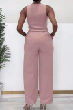 Rose Red Casual Solid Color Buckle Patchwork V Neck Sleeveless Two Pieces