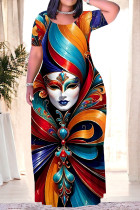 Red Blue Casual Print Mask portrait Contrast O Neck Printed Plus Size Dresses