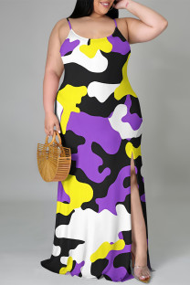 Purple Sexy Camouflage Print Gradient Slit Contrast U Neck Printed Plus Size Dresses