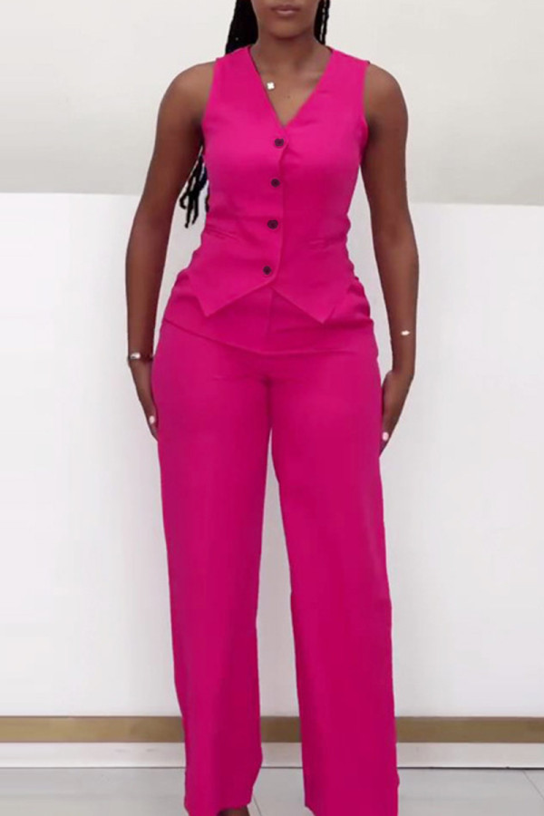 Rose Red Casual Solid Color Buckle Patchwork V Neck Sleeveless Two Pieces