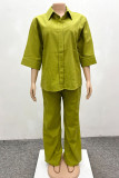 Green Casual Solid Color Buckle Patchwork Turndown Collar Half Sleeve Two Pieces