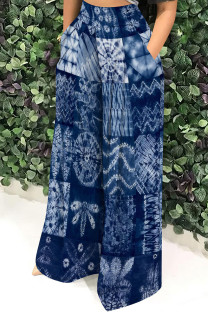 Tibetan Blue Casual Print Pocket Patchwork Loose Mid Waist Full Print Bottoms
