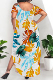 Beige Sexy Floral Print Pocket Slit Contrast O Neck Printed Plus Size Dresses