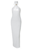 Black Sexy Solid Color Hollow Out Patchwork Backless O Neck Long Dresses
