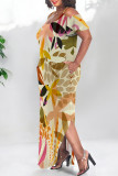 Beige Sexy Floral Print Pocket Slit Contrast O Neck Printed Plus Size Dresses