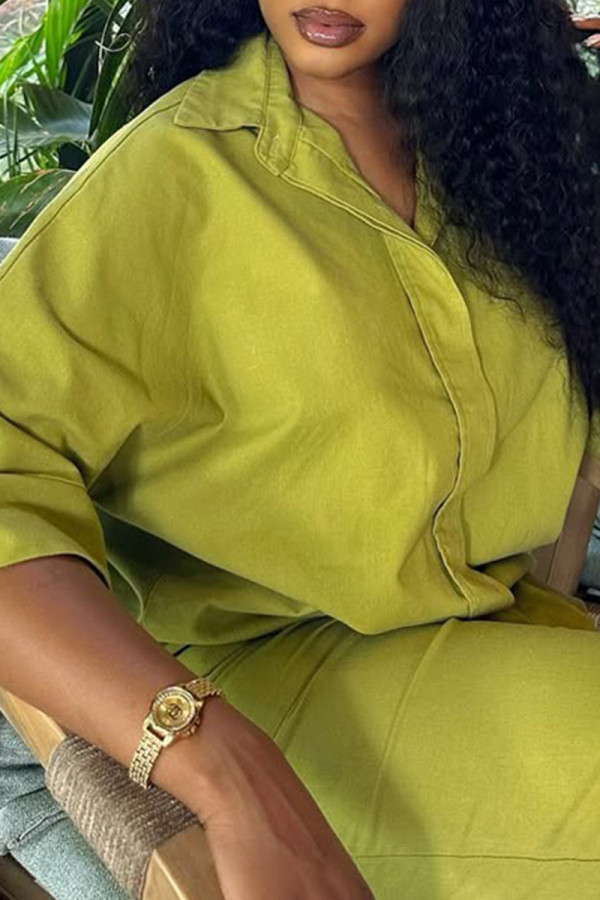 Green Casual Solid Color Buckle Patchwork Turndown Collar Half Sleeve Two Pieces