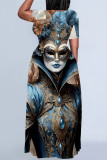 Blue Orange Casual Print Mask portrait Contrast O Neck Printed Plus Size Dresses