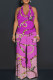 Rose Red Street Letters Chain print Pocket Lace Up Backless Halter Loose Jumpsuits