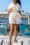 White Casual Plaid Buckle Strap Design Turndown Collar Regular Rompers