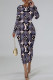 Gray Blue Elegant Letter Print Gradient Contrast O Neck Printed Dresses