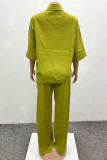 Green Casual Solid Color Buckle Patchwork Turndown Collar Half Sleeve Two Pieces