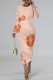 Orange Elegant Flowers Print Gradient Contrast O Neck Printed Dresses