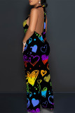 Colour Street Love Print Letters Lace Up Backless Contrast Halter Loose Jumpsuits