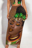 Gold Casual Print portrait Contrast Skinny High Waist Full Print Bottoms