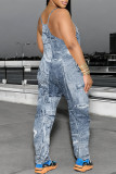 White Grey Casual Faux Denim Print Pocket Contrast U Neck Loose Jumpsuits