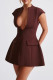 Brown Red Casual Solid Color Patchwork Deep V Neck A Line Dresses