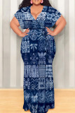 Multicolor Casual Print Patchwork Strap Design V Neck Long Plus Size Dresses
