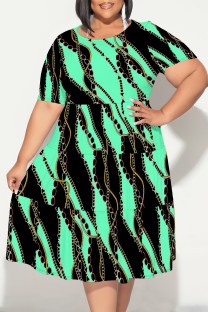 Fluorescent Green Sexy Colorblock Chain print Patchwork Contrast O Neck Printed Plus Size Dresses