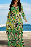Green Casual Floral Print Pocket Contrast V Neck Printed Dresses