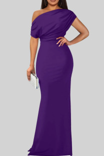 Purple Elegant Solid Color Patchwork Oblique Collar Long Dresses
