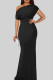 Black Elegant Solid Color Patchwork Oblique Collar Long Dresses