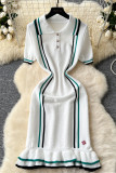 White Sexy Stripe Buttons Patchwork Contrast Turndown Collar Wrapped Skirt Dresses