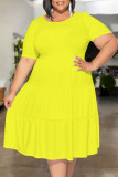Blue Casual Solid Color Patchwork O Neck Short Sleeve Plus Size Dresses