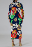 Deep Blue Elegant Floral Print Contrast O Neck Printed Dresses