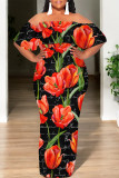 Tibetan Blue Sexy Floral Print fruit Ruffle Contrast Off Shoulder Printed Dresses