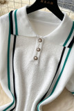 White Sexy Stripe Buttons Patchwork Contrast Turndown Collar Wrapped Skirt Dresses