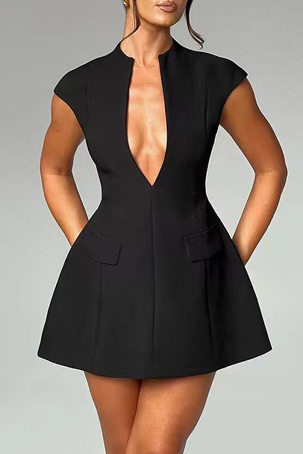 Black Casual Solid Color Patchwork Deep V Neck A Line Dresses
