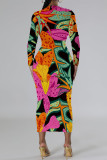 Deep Blue Elegant Floral Print Contrast O Neck Printed Dresses