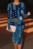 Blue Casual Print Patchwork O Neck Wrapped Skirt Dresses