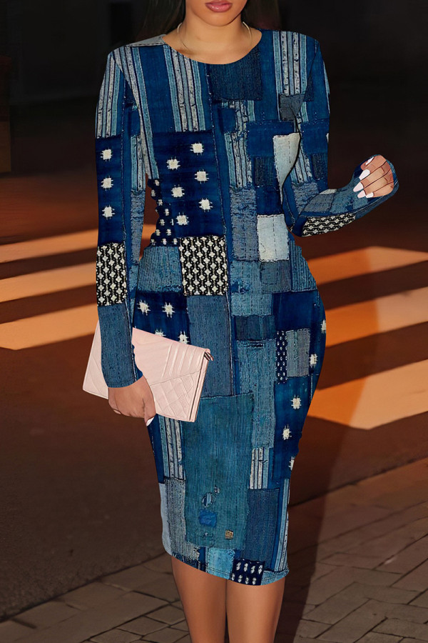 Multicolor Casual Print Patchwork O Neck Wrapped Skirt Dresses