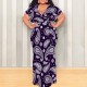 Dark Purple Casual Print Patchwork Strap Design V Neck Long Plus Size Dresses