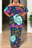 Tibetan Blue Sexy Floral Print fruit Ruffle Contrast Off Shoulder Printed Dresses