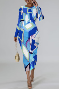 Blue Elegant Geometric Print Bronzing Pattern Contrast O Neck Printed Dresses