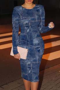 Blue Casual Print Patchwork O Neck Wrapped Skirt Dresses