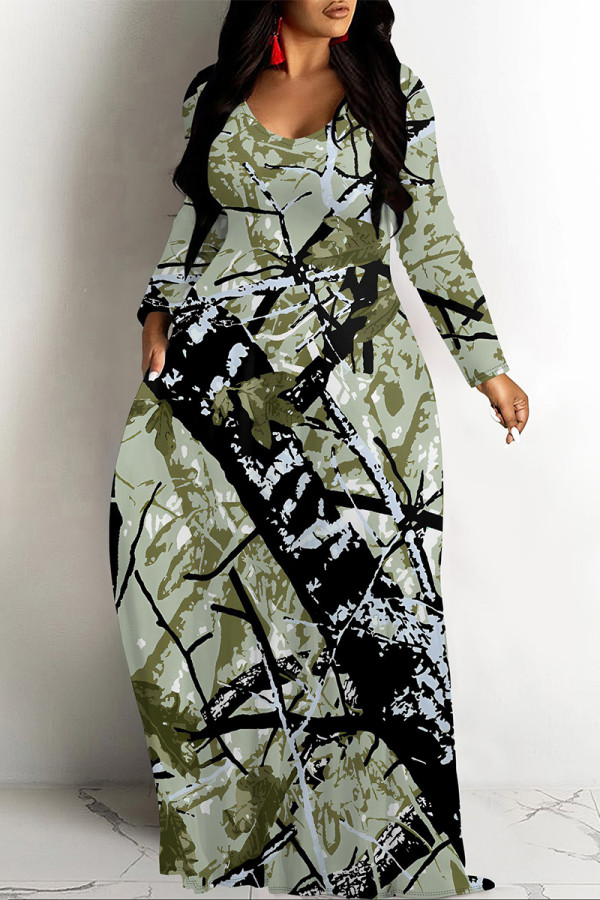 Gray Green Casual Floral Print Pocket Contrast V Neck Printed Dresses