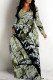 Gray Green Casual Floral Print Pocket Contrast V Neck Printed Dresses