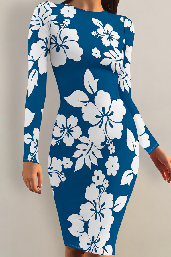 Blue Elegant Flowers Print Contrast O Neck Printed Dresses